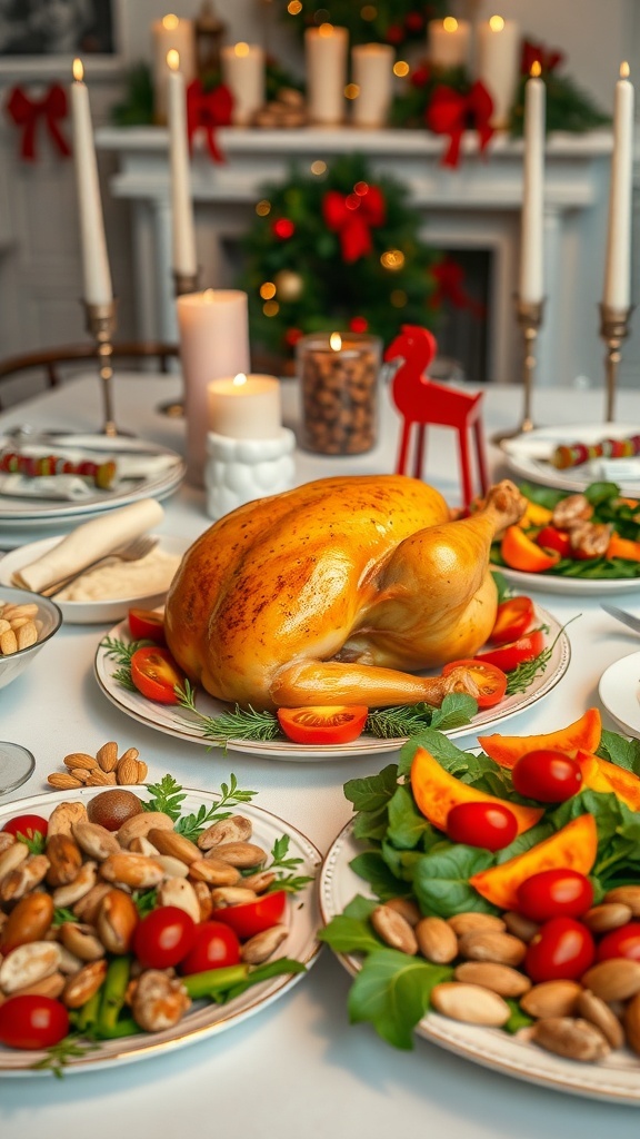 A festive Christmas dinner table with roast chicken, mashed potatoes, roasted vegetables, and salad.